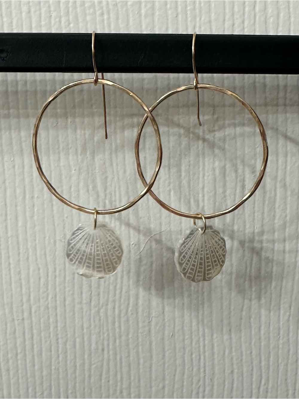 14k Gold-Filled Earrings Hammered Hoops Mother of Pearl Shells Beachy 2.75”